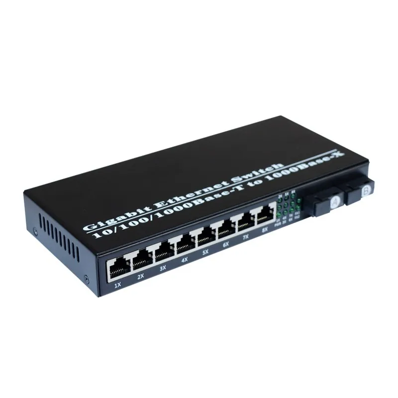 Fiber Media Converter, Optical Transceiver, Gigabit Ethernet Switch, 20km External Power, SC 2 Port + 8 RJ45, 10 m, 100 m, 1000m