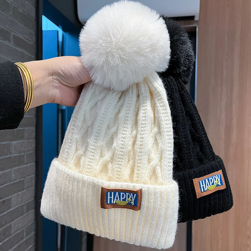 2023 Korean Style Beanie Hat Winter Cap New Fleece-Lined Warm Wool HatFashionable Simple Face-Looking Small Knitted Girl's Cap