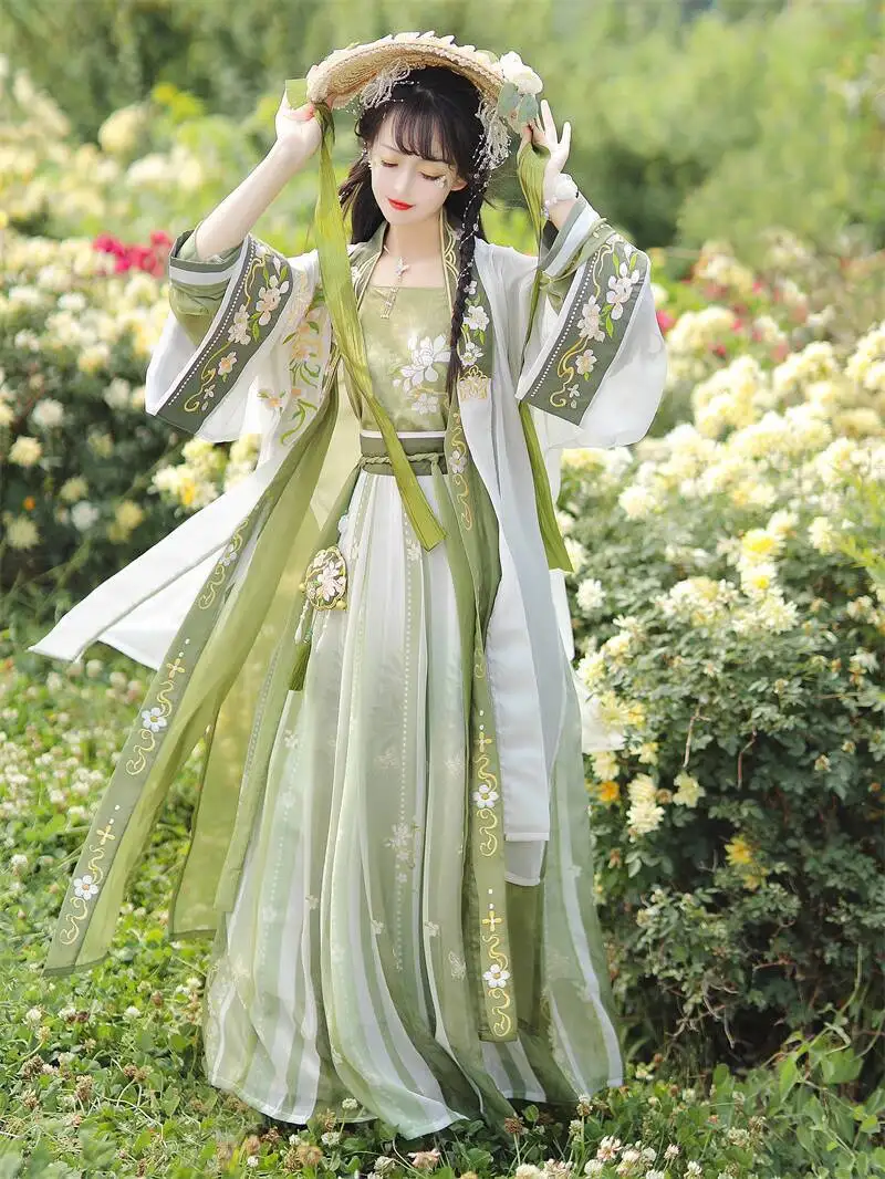 

New Chinese Style National Style Han Elements Hanfu Women Chinese Style Waist Length Skirt Green Long Sleeved Over-dress Cosplay