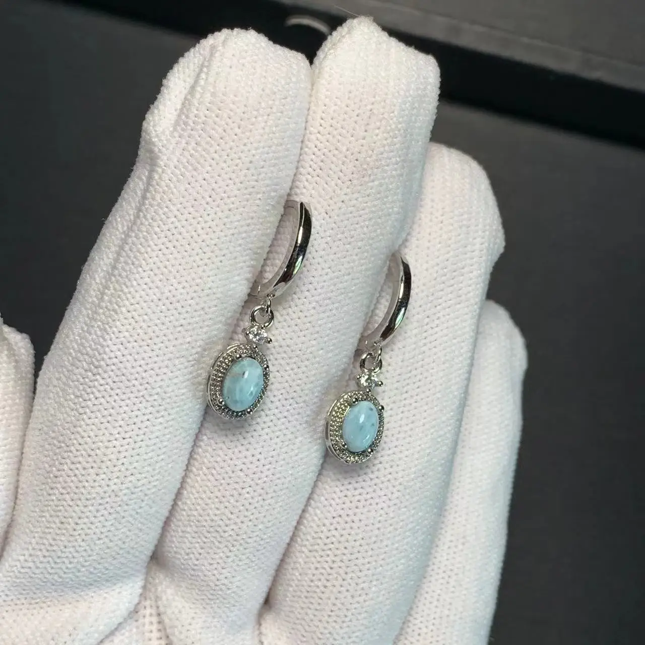 HEYYA-pendientes de aro de Larimar Natural para mujer, aretes chapados en plata 925, joyería fina Simple, piedra preciosa, estilo clásico