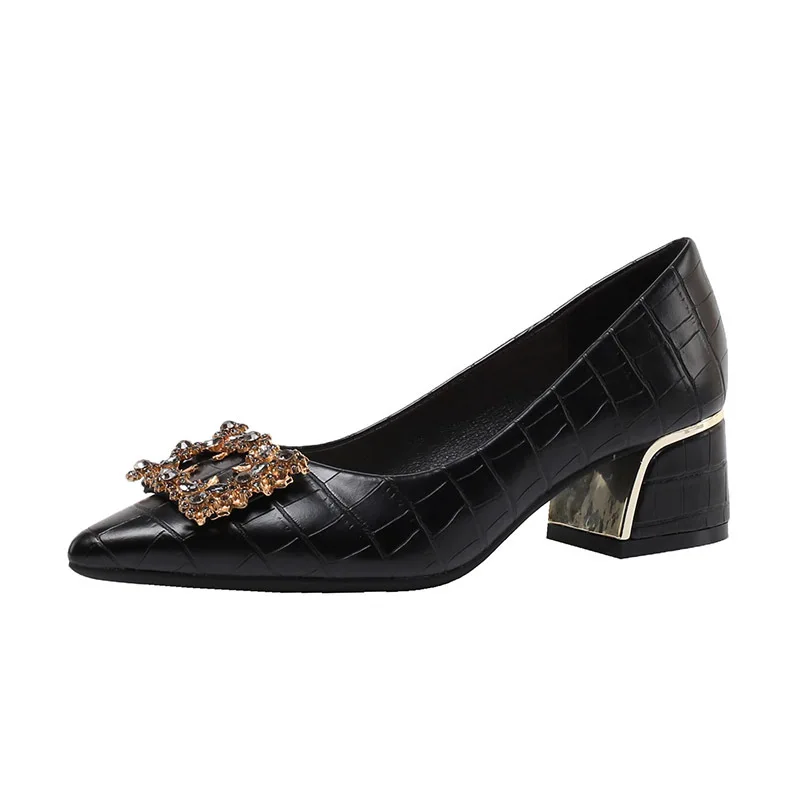 Plus Size Shoes for Women Chunky Heels Pumps New Girl Pointed Toe High Heels Shoes Rhinestone Dress Shoes