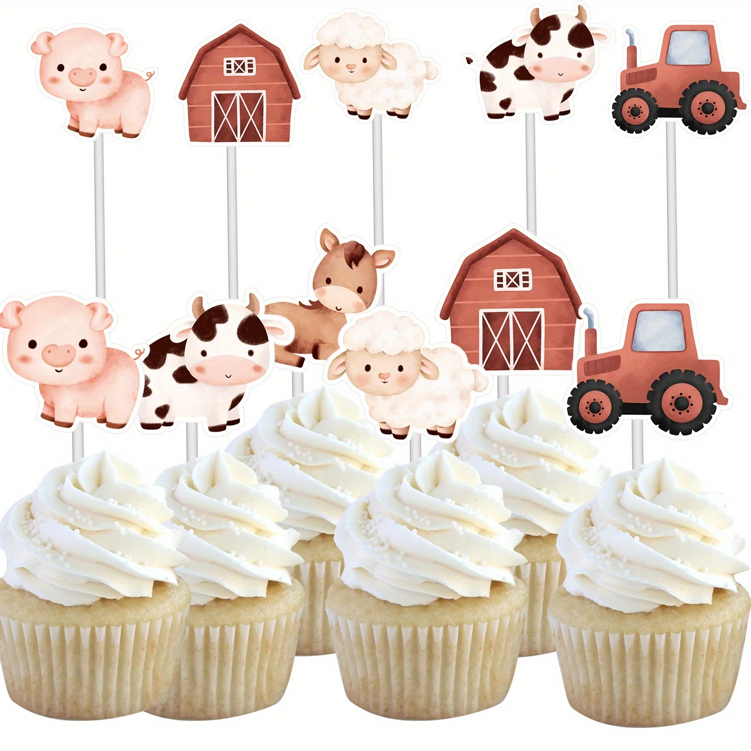 30 stks Gemengde Cartoon Boerderij Dier Cupcake Toppers Leuke Koe/Schapen/Varken Topper voor Landbouwgrond Happy Birthday Party DIY Cupcake Benodigdheden - afbeelding 2