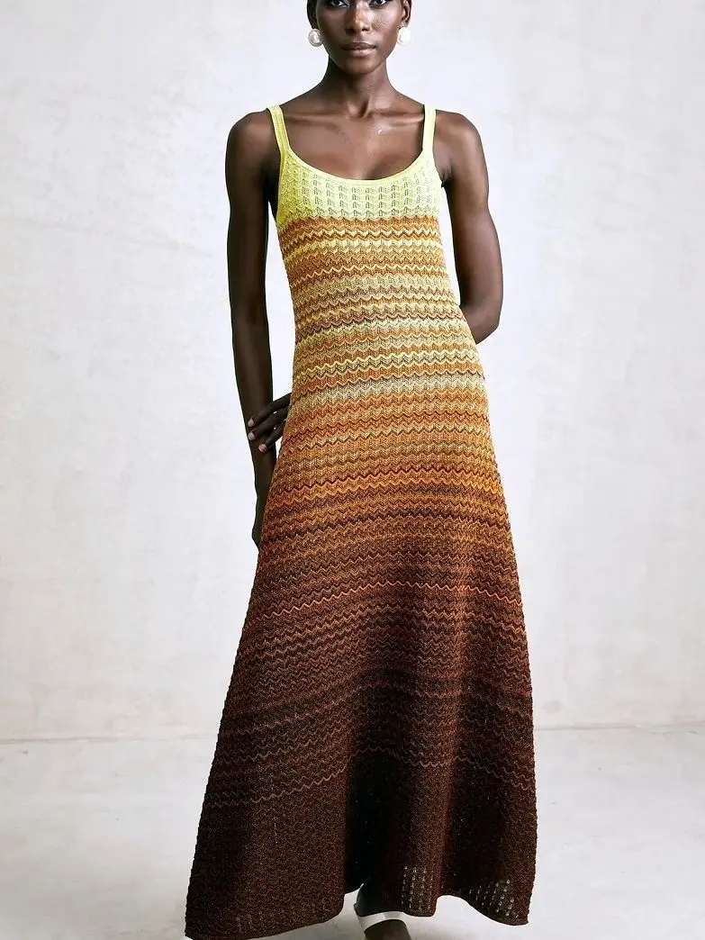 Luxe merkontwerp dames elegante boho Afrikaanse gouden pailletten maxi mouwloze avondfeest vakantie jurk gebreide dameskleding - afbeelding 2