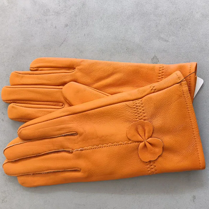 Real Genuine Leather Gloves Women Luxury Warm Sheep Skin Winter Girls Real Leather Yellow Glove Driving  Warm Ladies Glove