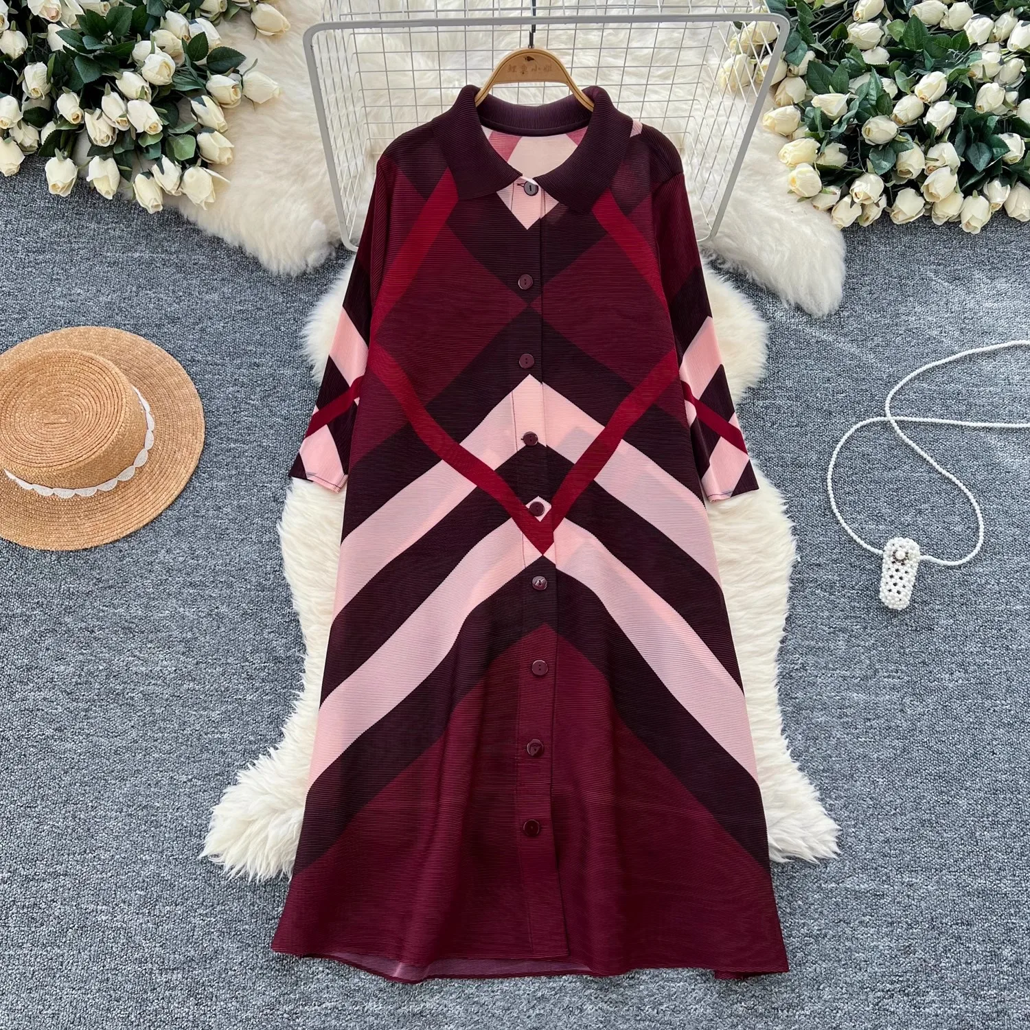 Ata Yake-Robe chemise plissée à rayures pour femme, col rabattu, commande haute, surdimensionnée, mi-longue, robe de soirée, vêtements féminins éducatifs