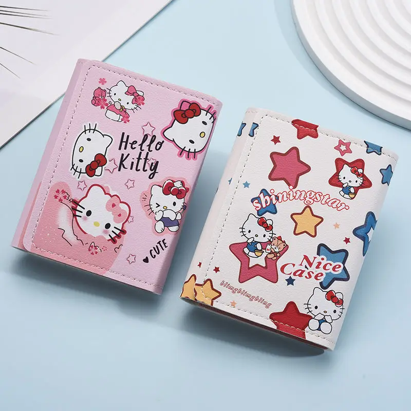 

Girl Pink Hello Kitty Wallet Cartoon Cute PU Three Fold Leather Bag Girl Velcro Zero Wallet Women's Gift Paper Money Wallet