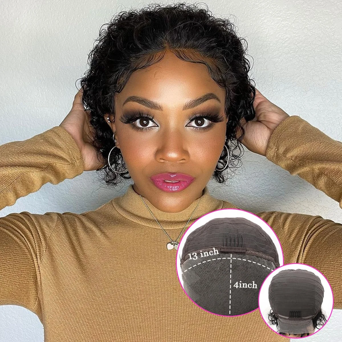 شعر مستعار بشري بقص عابث 6 بوصة، شعر بشري قصير مجعد 13 × 4 باروكات شعر بشري بدانتيل أمامي للنساء ذوات البشرة السمراء، لون أسود طبيعي متعدد الطبقات