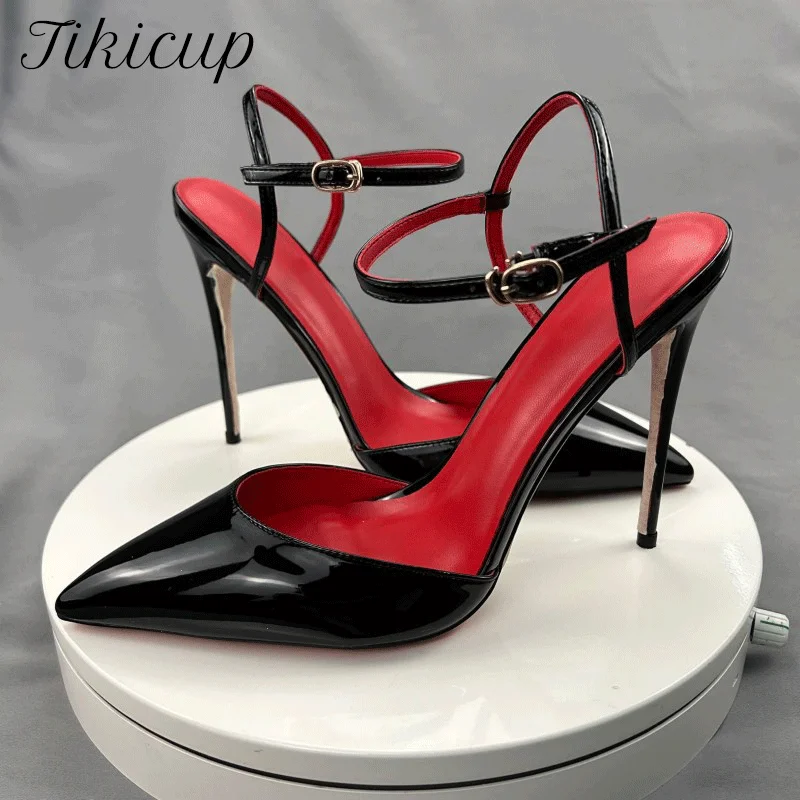 Tikicup Chic Black Patent Leather Women Ankle Strap Stiletto Pumps Pointed Toe Sexy High Heel Shoes 8cm 10cm 12cm Customize 46