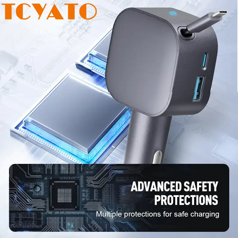 Autoladegerät 105 W PD Schnellladung mit 70 cm einziehbarem Datenkabel Telefonladegerät mit Typ-C-Anschlüssen für iPhone16 17 Huawei