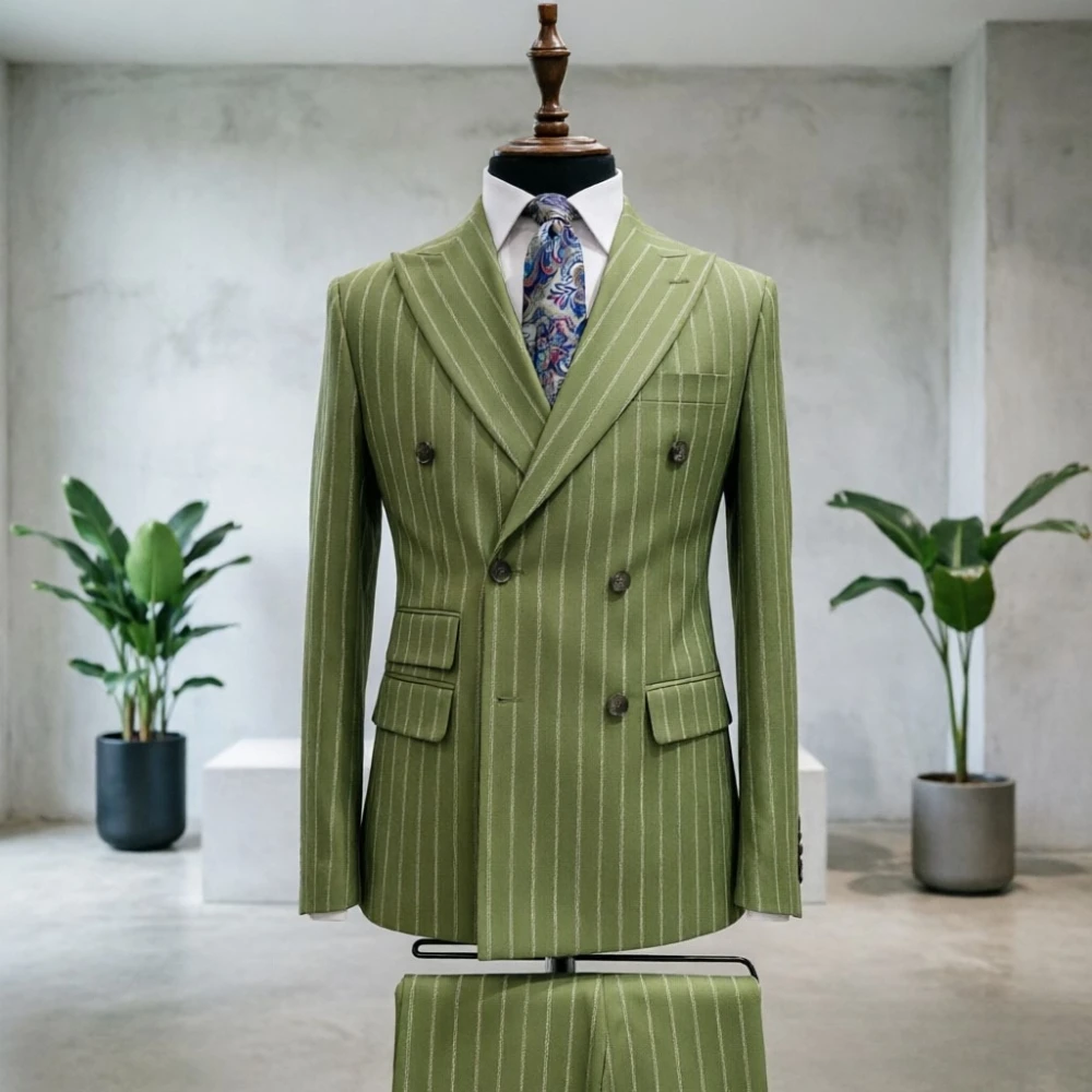 Double Breasted Striped Men Suits Men Vintage Sage Green Double Breasted Pinstripe Suit Slim Fit Formal Blazer for Groom Wedding