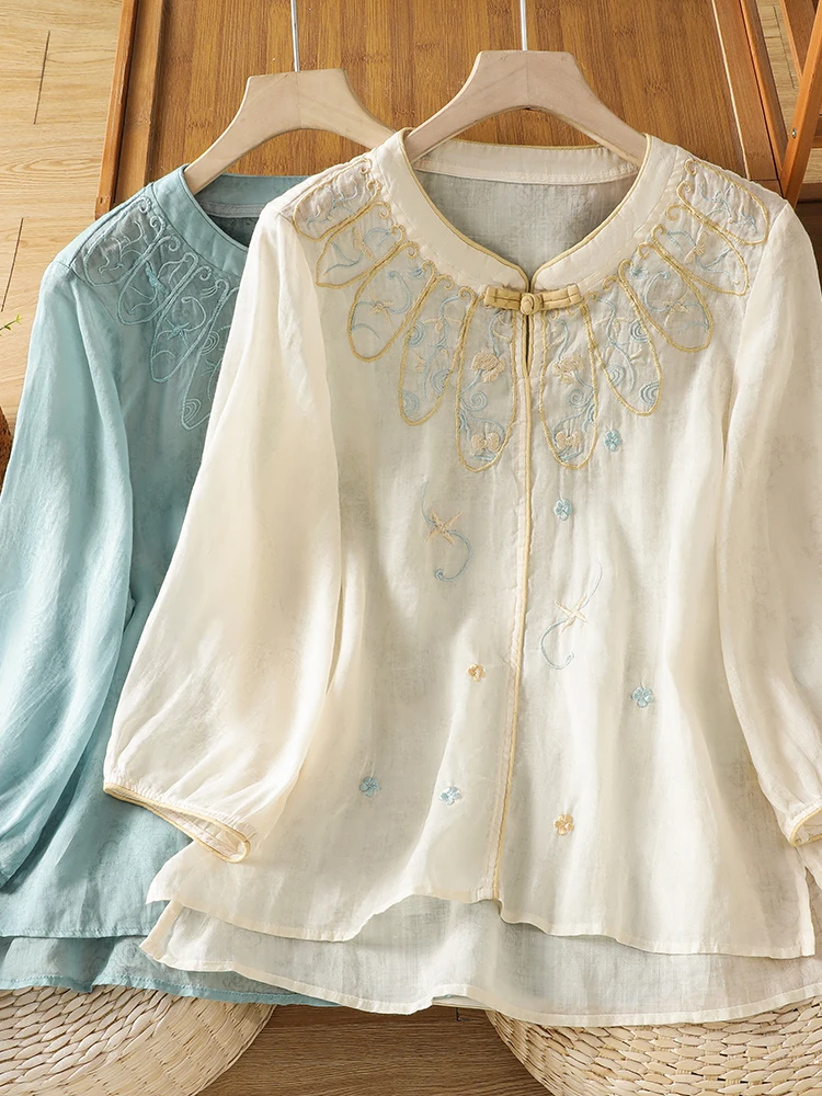 

Элитная женская льняная рубашка с вышивкой в художественном ретро-стиле, новая модель в китайском стиле, удобная, дышащая, легкая.