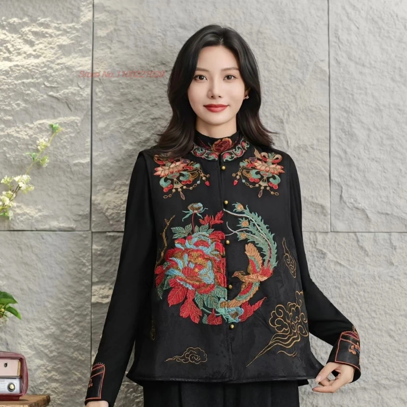 

2025 г., жилет с хлопковой подкладкой и национальной вышивкой Феникса, восточный атласный жаккардовый воротник-стойка, народный жилет, традиционная куртка без рукавов