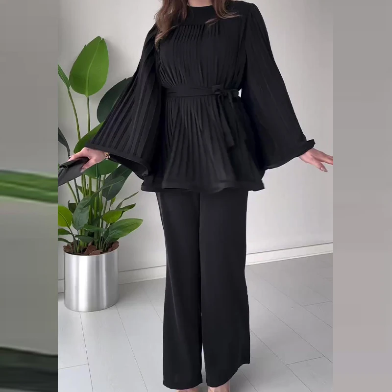 Monochrome Long Sleeved Loose Two Piece Sets Lady O Neck Lace Up Top + Long Pants Suit New 2024 Autumn Pleated Commuting Outfit