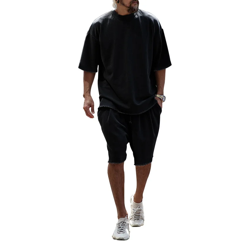 Summer Men\'s Solid Color Loose Fitting Tracksuits Casual Short Sleeved T-shirt + Shorts Pants Two Piece Sets Women Fashion Suit