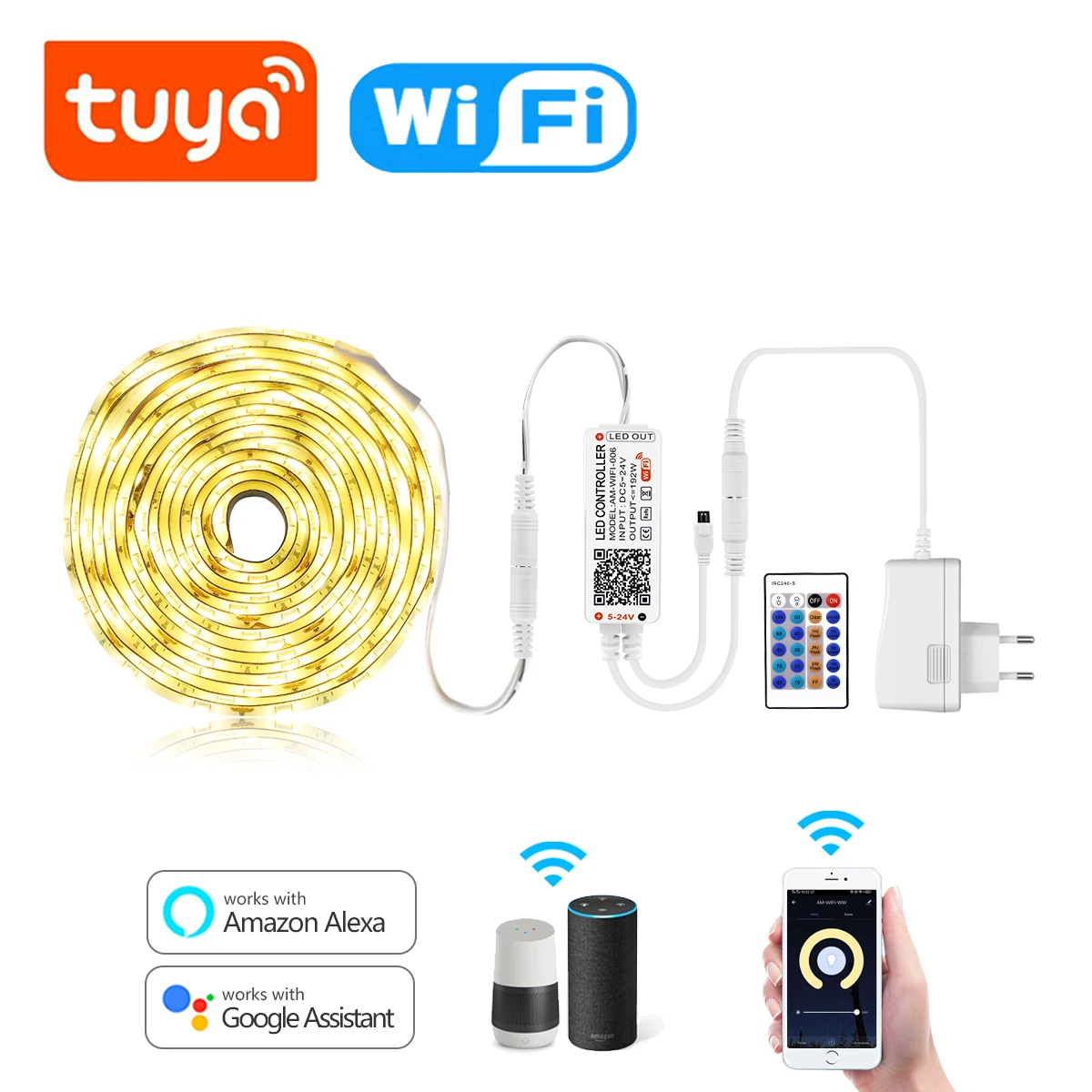 Tuya vida inteligente luzes LED Strip, controle sem fio Wifi, DC 12V, fita fita fita, casa para Amazon-Alexa Google Assistente