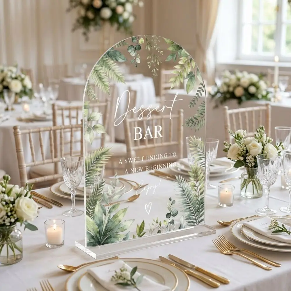 2D Flat Acrylic Table Sign Arch Shape Green Leaf Design Dessert Table Sign with Stand Transparent Table Top Sign