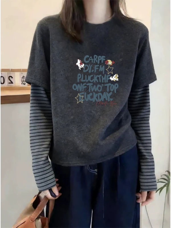 Deep Grey Contrast Color Striped Splice Long Sleeve T-Shirt Women Early Autumn Slimming Fashionable Youthful German Velvet Top