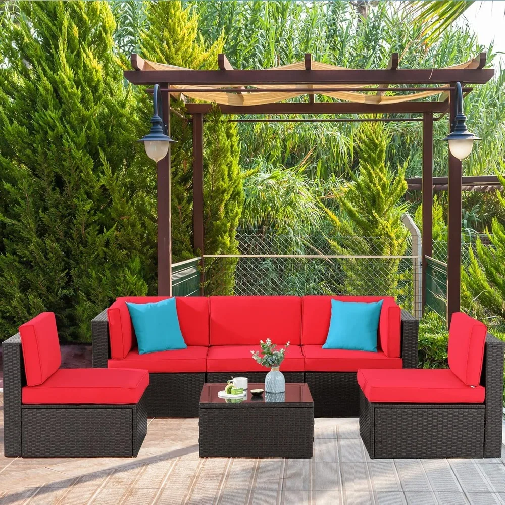 

6 Pieces Patio Furniture Sets Outdoor All-Weather Sectional Patio Sofa Set PE Rattan Manual Weaving Wicker Patio Furniture Sets
