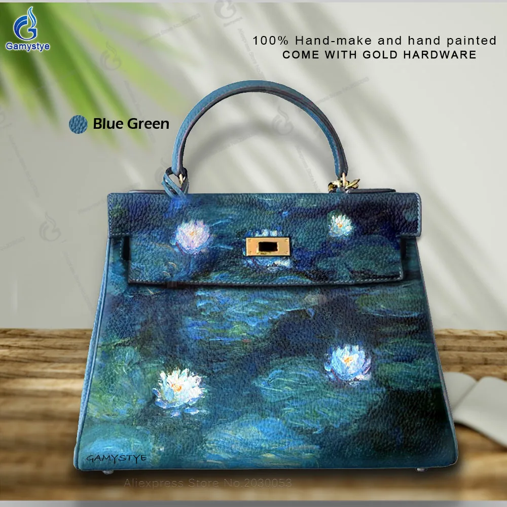 Women'S Fashion Bags Luxury Designer Brands Shining Water Lilies Messenger Bag Hand Draw Customize Art Bags 100% Cowhide Leather