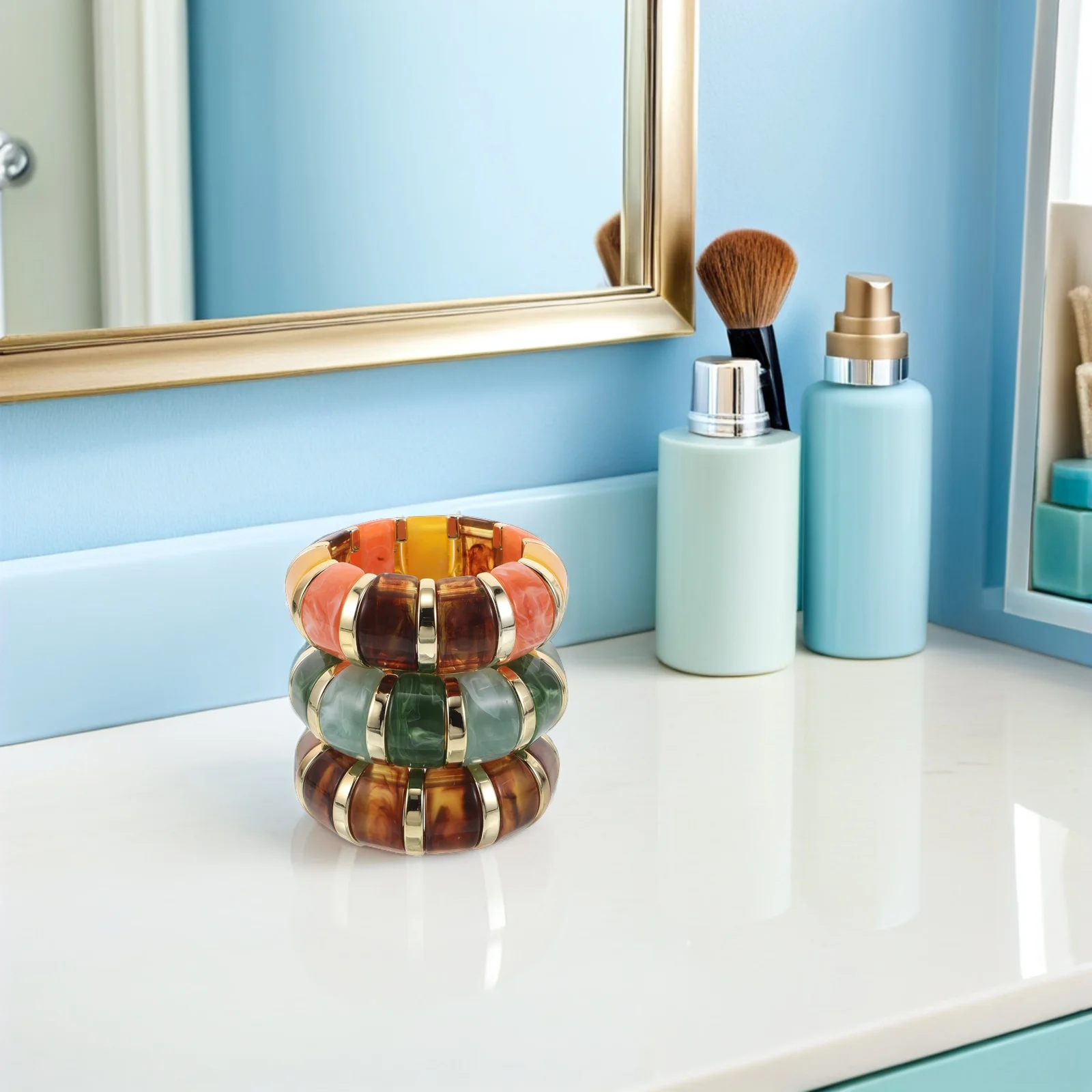 3Pcs Fashion Bracelet Chunky Acrylic Wide Geometric Stretchy Elastic Bohemian Statement Wristband for Women Chunky Bangles