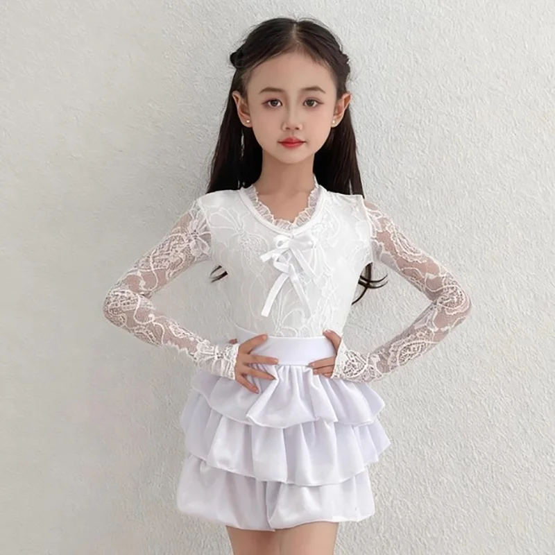 Adult Women Lace Print Latin Dance Bodysuit and Cake Skirts Professional National Standard Social Rumba Dancewear Costumes