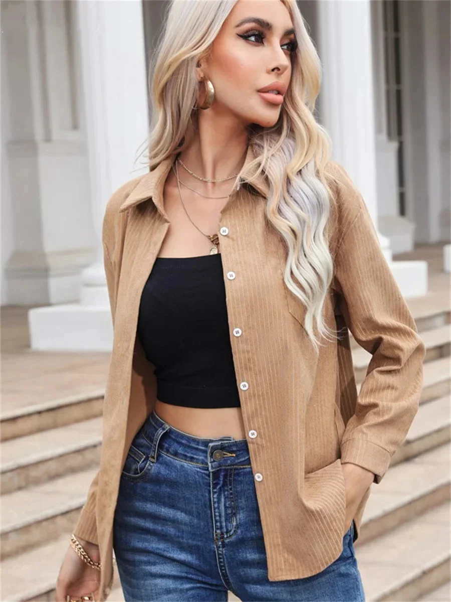 Women Spring Autumn Thick Style corduroy Blouses Shirts Lady Casual Long Sleeve Turn-down Collar Khaki Blouse Tops