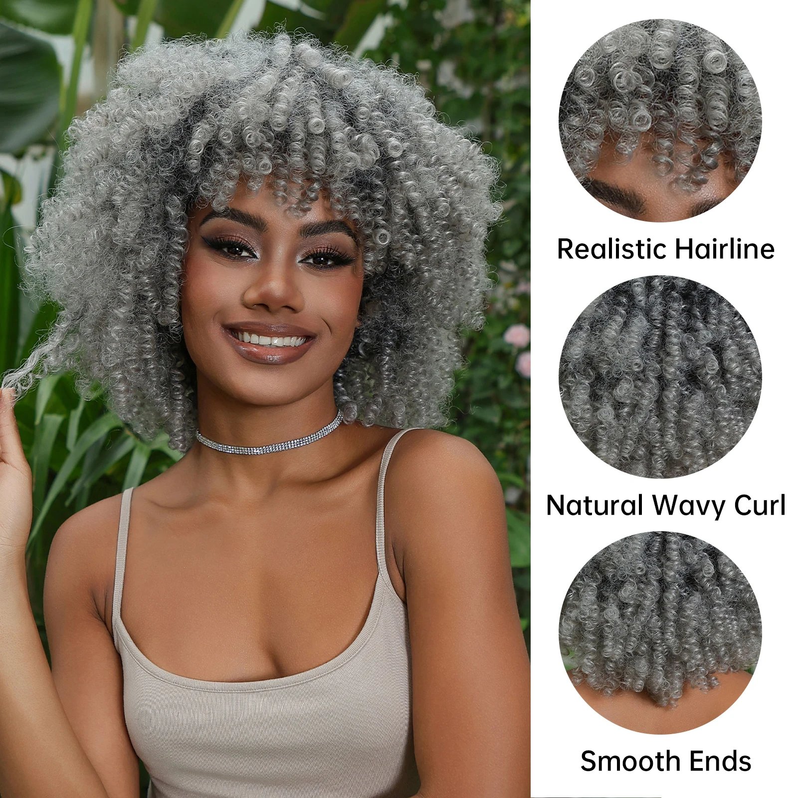 Afro Kinky Curly Perruques Synthétiques pour Femmes Noires, Gris Ombre, Perruques Courtes Bouclées Bomb avec Frange, Perruque Fluffy, 03 Utilisation, Degré de Chaleur