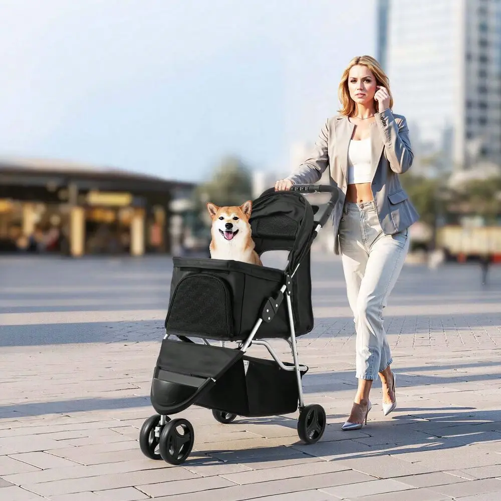 

Stroller, 35 Lbs Weight Capacity, Foldable Dog Stroller Cart, 3 Wheels Cats Stroller With Mesh Windows And Cup Holders, Portabl