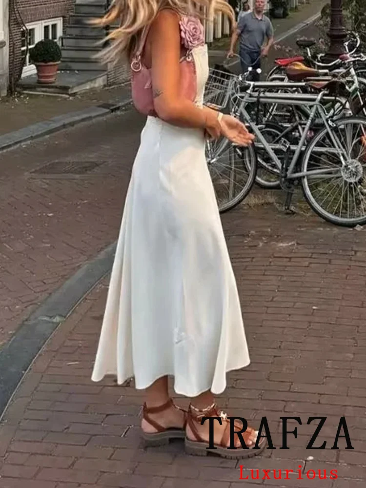 TRAFZA-vestido Vintage sin mangas para mujer, traje liso con Espalda descubierta, ahuecado, para fiesta en la playa, 2024