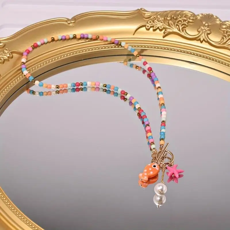 Böhmische, meeresinspirierte Keramik-Fisch-Seestern-Anhänger-Halskette, bunte Perlen, Keramikketten-Armband, Sommer-Ozean-Strand-Schmuck – Detail 8