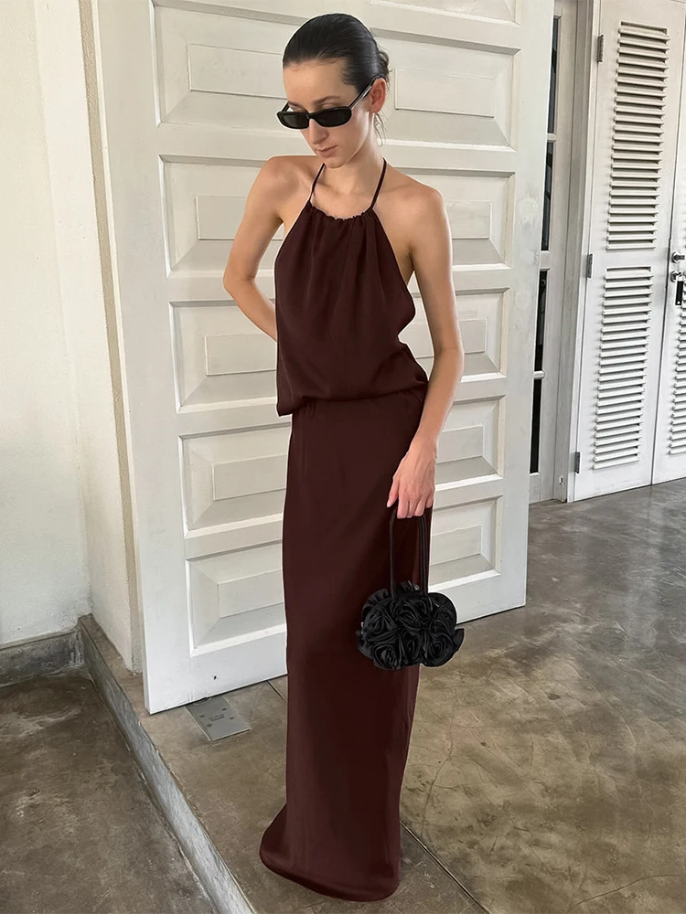 

Trendix Satin Dress 2 Piece Set Women's Summer Backless Crop Top Solid High Waist Long Skirt Party Elegant Skirts And Tops Suits