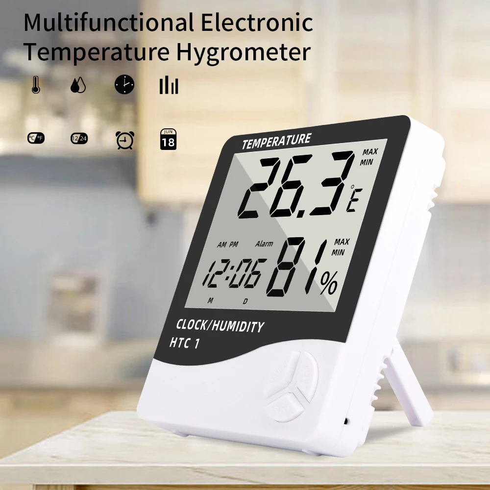 HTC-1 HTC-2 LCD elettronico digitale misuratore di umidità della temperatura termometro domestico igrometro orologio per stazione meteorologica per