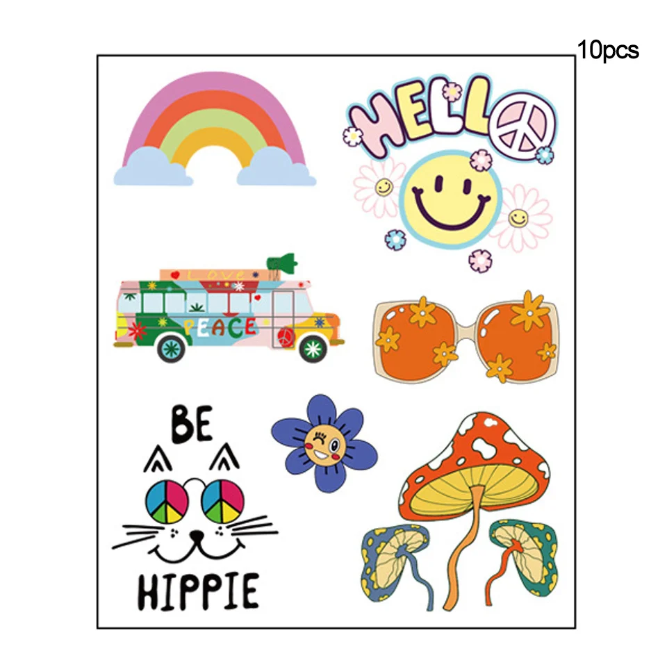 10pcs Hippie Tattoo Sticker Waterproof  Flower Smiling Face Rainbow Stickers for Hippie Wedding Birthday Party Decorations