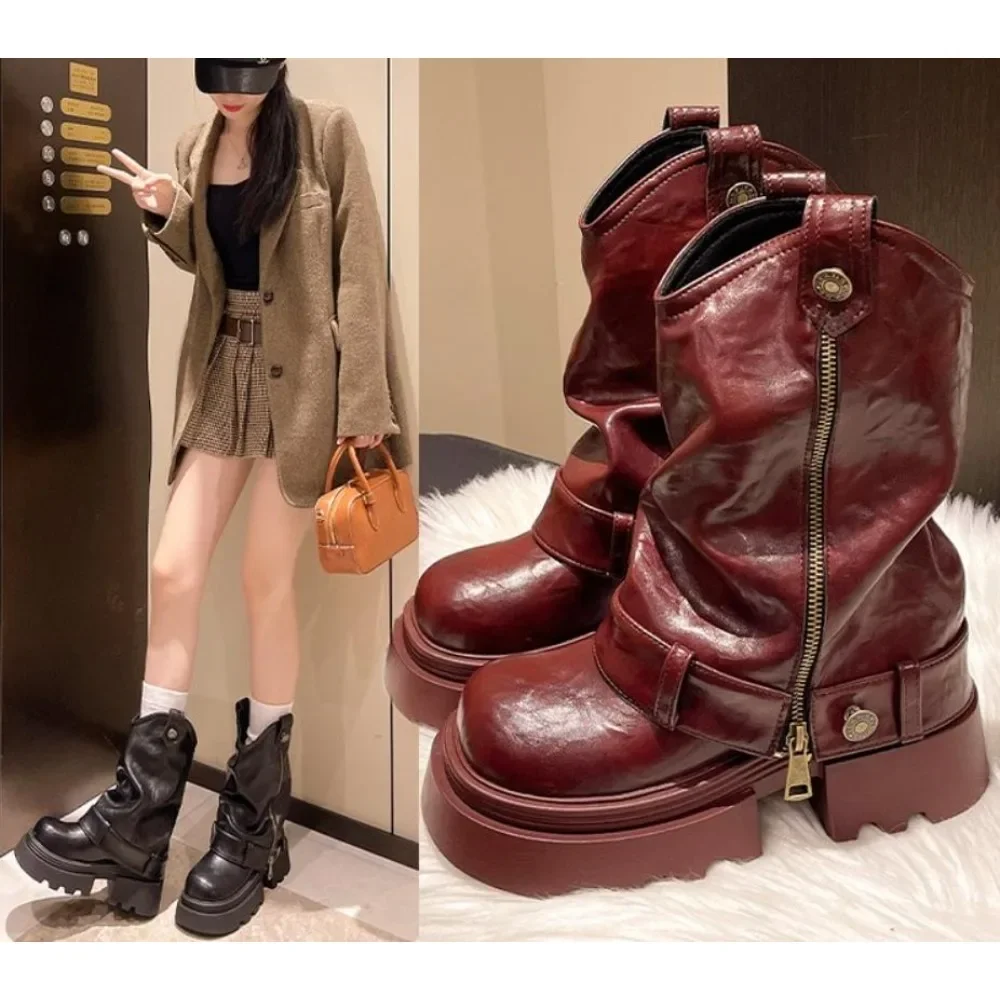 

New Autumn Chunky Heeled Pants Boots for Women Leather Mid-calf Boots High Platform Zip Design Winter Motorcycle Booties