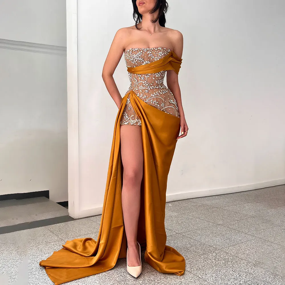 

Vindal Sparkly Strapless Evening Dress for Woman Champagne Pleat Satin Crystal Corset Mermaid Prom Dresses High Slit Customized