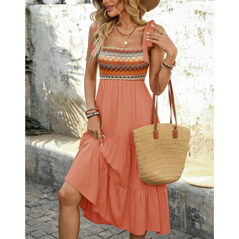 موضة سوينغ المرقعة العرقية نمط المرأة فستان الرسن صيف جديد سليم وأنيق الإناث البوهيمي الشاطئ فساتين وهمية 2025 #1