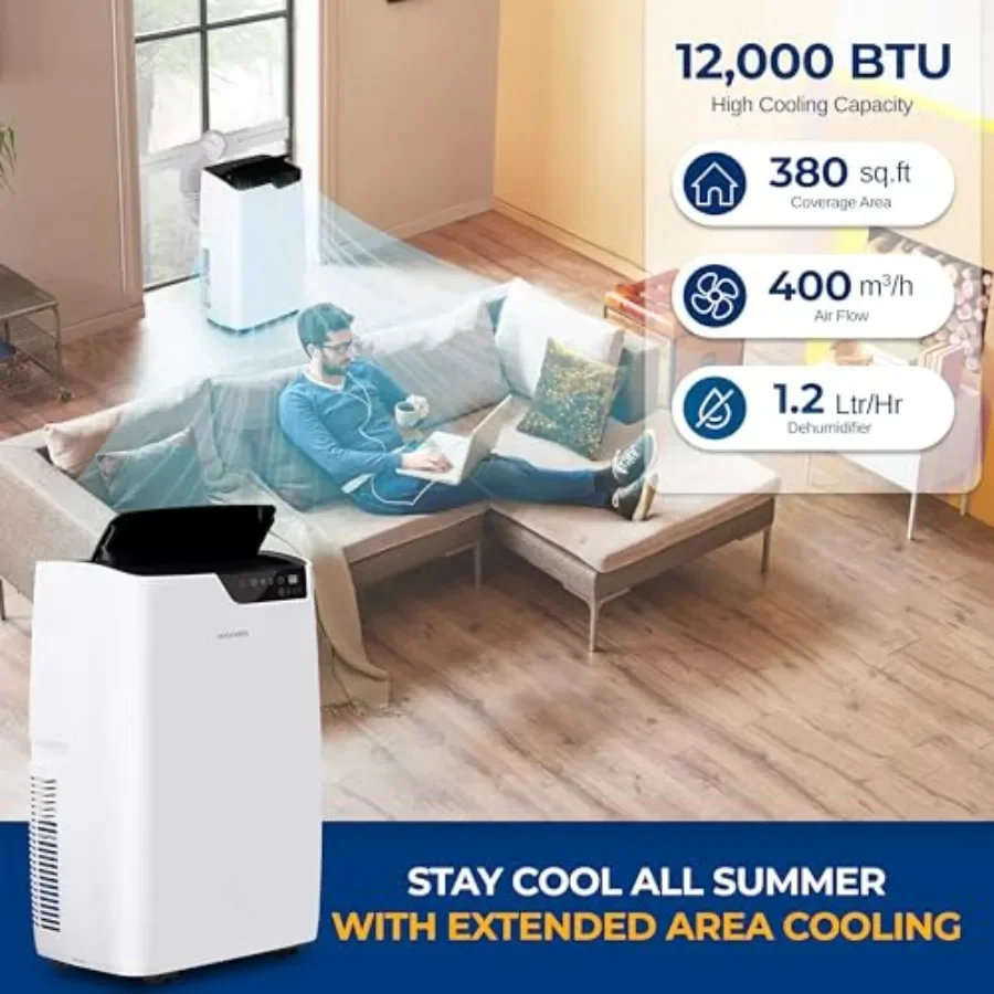 Portable air conditioner for home use, aluminum housing, white color, 12000 BTU cooling capacity with 3-in-1 functionality and