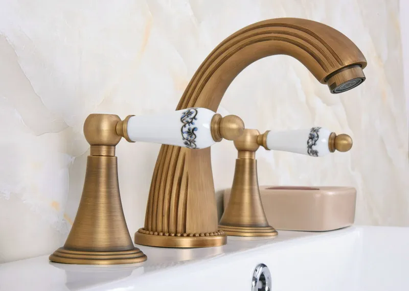 

Antique Brass Dual Knob Ceramic Lever Handle Widespread Basin Faucet Bathroom Sink Hot And Cold Water Tap Bathtub Mixer Dan090