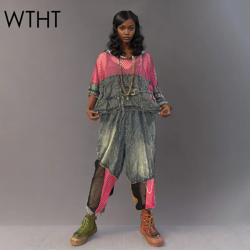 

WTHT Fashion Women's Spliced Mesh Denim Short Sleeves T-shirt 2025 Summer Trendy New Elastic Waist Loose Pants Female 1LS2026