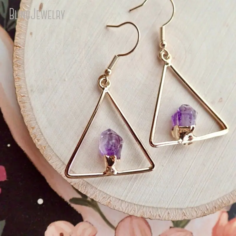 

10pairs Healing Birthstone K Gold Color Amethyst Citrine Crystal Triangle Dangle Drop Hoop Earrings Women Boho Jewelry Bijoux