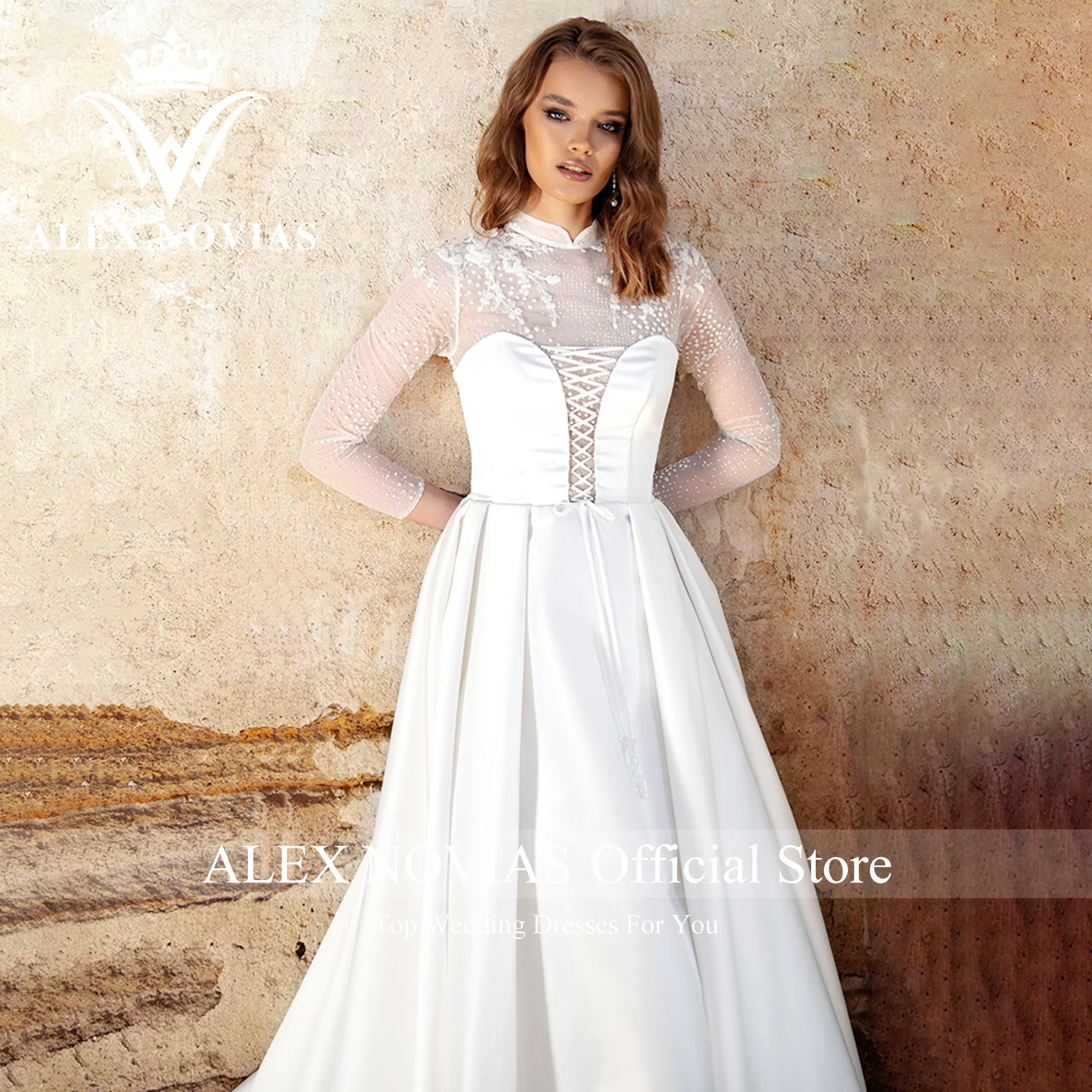 ALEX novias ชุดแต่งงานแขนยาวผ้าซาติน2023สูงโรแมนติก appliques ภาพลวงตา A-Line ชุดเจ้าสาว vestidos novias de saten