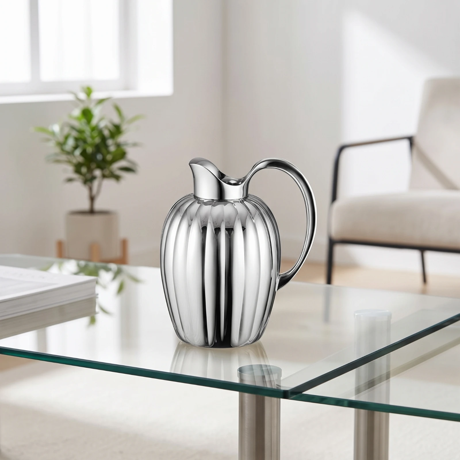 Cold Water Jug Stainless Steel Water Jug Serving Pitcher Polished Pitcher with Spout Ribbed for Hosts, Dining Table