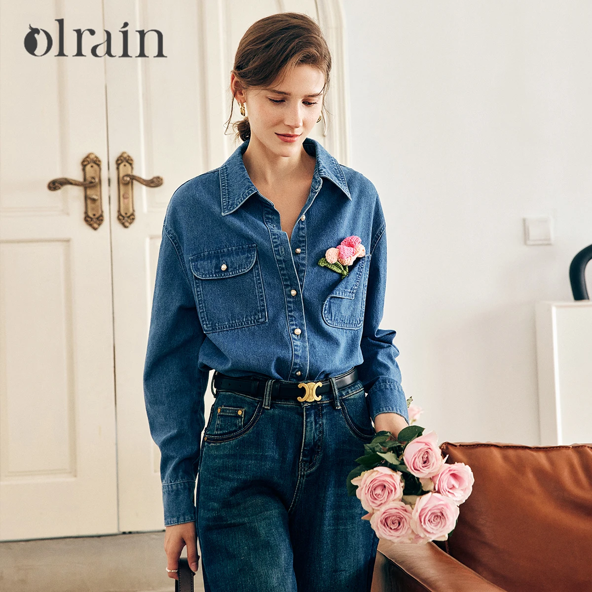 

OLrain Women's Denim Shirts 2025 Autumn Vintage Clothing Long Sleeve Shirt Polo Floral Crochet Pocket Woman Blouse O23CC68109