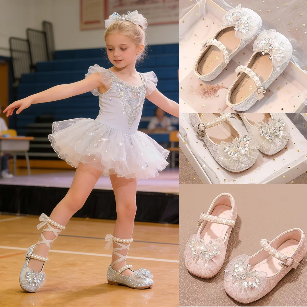 

Танцевальные туфли для девочек в стиле принцессы с жемчугом, из искусственной кожи, с блестящими акцентами, удобные, для танцев, вечеринок и особых случаев.