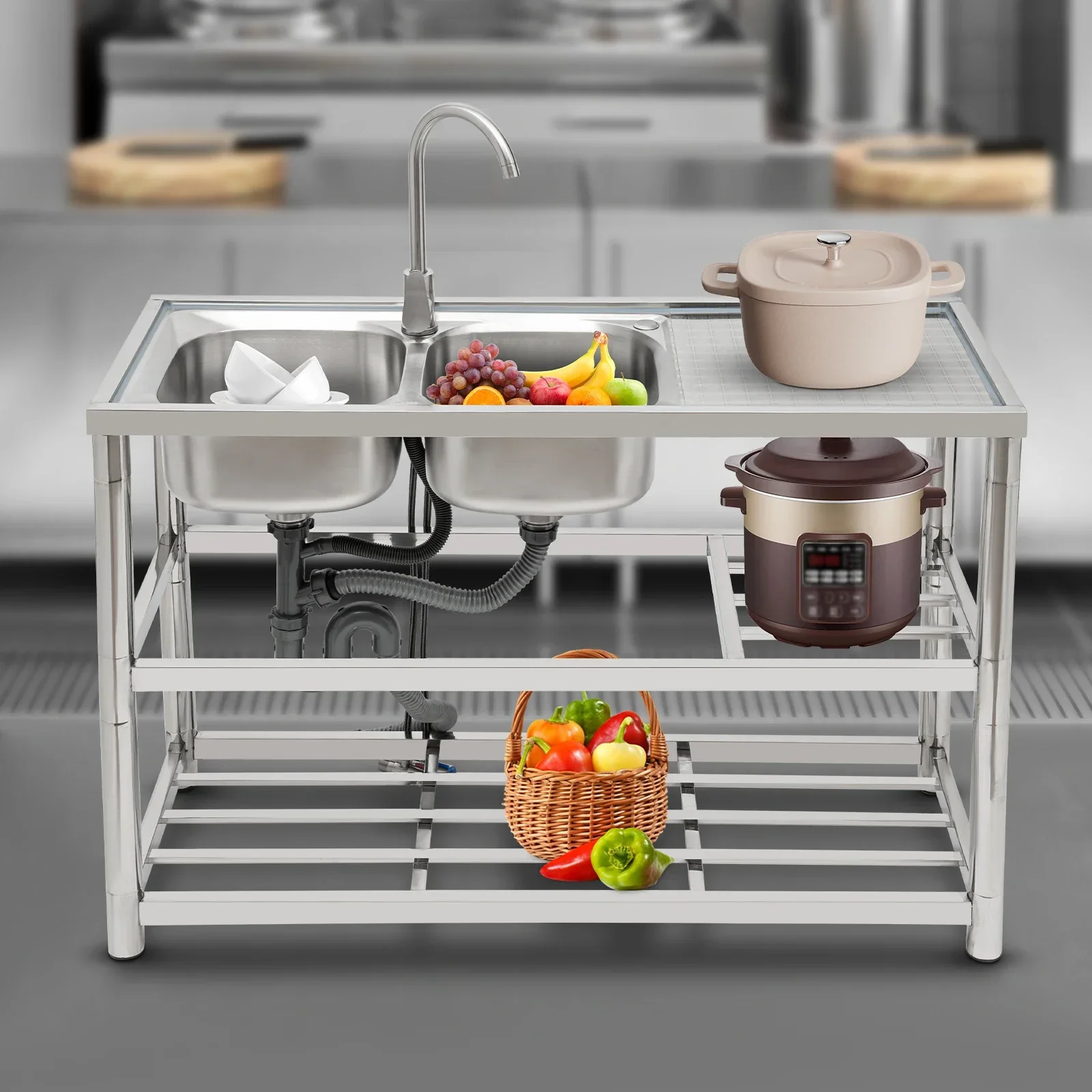 

BYMAOCAR Шкаф для кухонной мойки, коммерческая мойка, отдельно стоящая раковина из нержавеющей стали, с углом наклона 360° ° Смеситель и два раковины 33*33*18см.