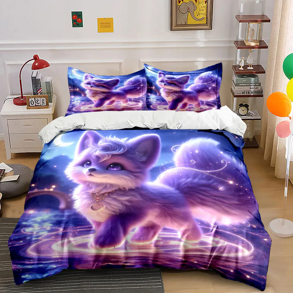 Enchanted Purple Magical Fox Duvet Cover Set with 3D Printing Design Soft Polyester Bedding Set All-Season Comfort for gifts