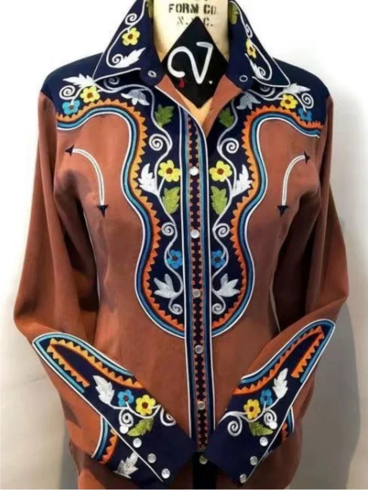 

Western Style Print Casual Slim Women's Shirt 2025 Autumn Vintage Women's Long Sleeve Shirts and Blouses Fashion Elegant Tops