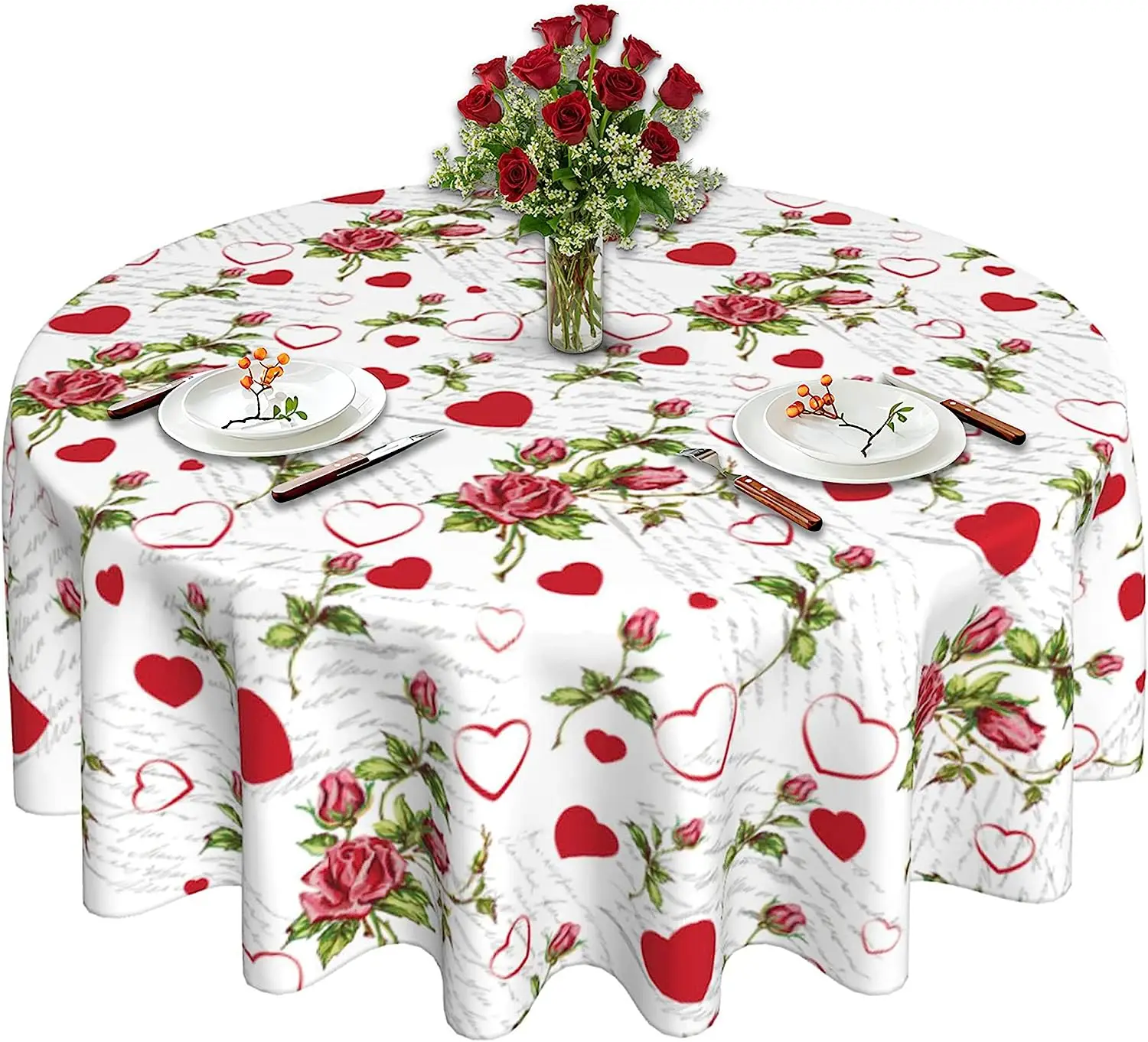 Round Tablecloth 60 Inch Valentine's Day White Vintage Red Heart Rose Table Cloth for Rustic Farmhouse Kitchen Decor Waterproof