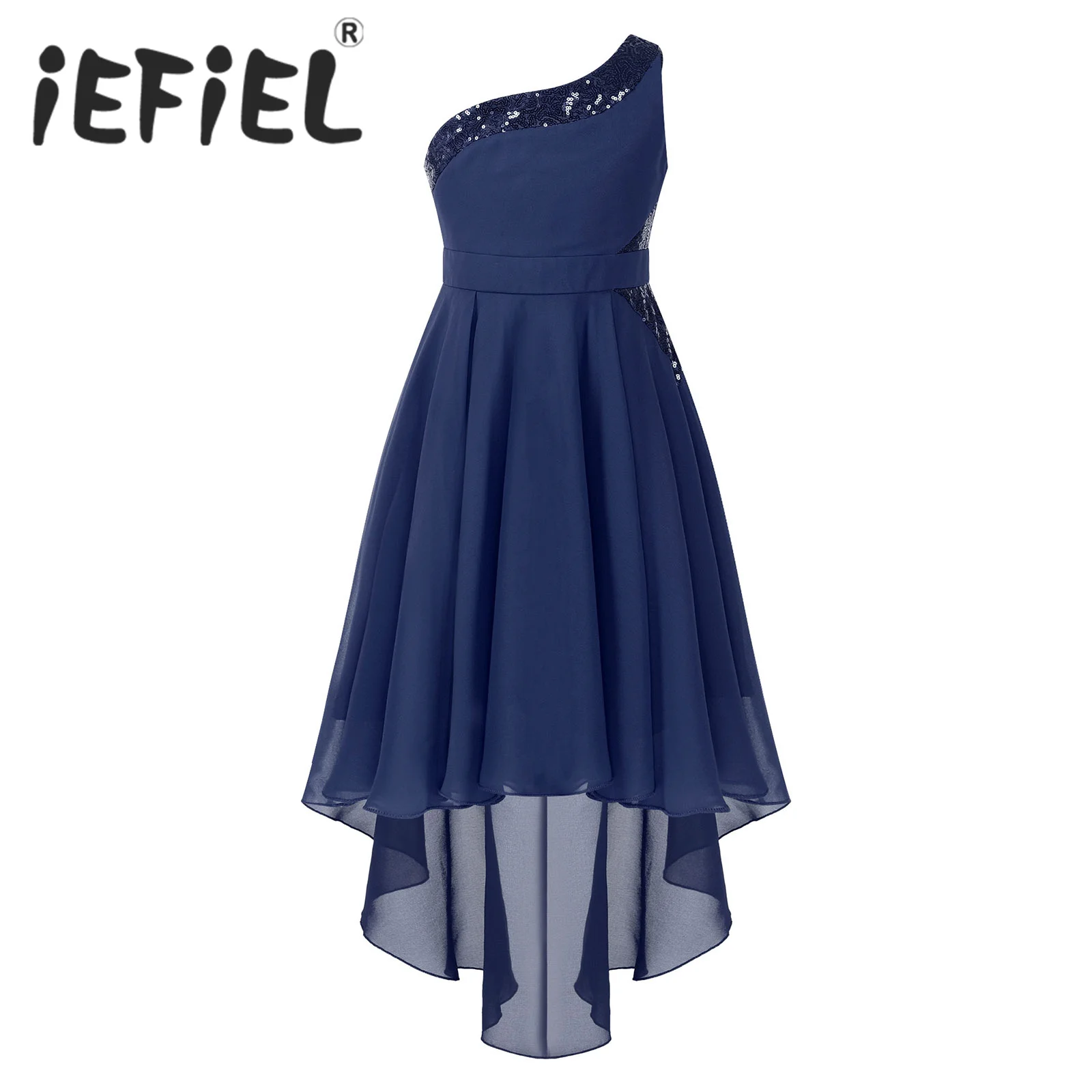 

Kids Girls Flower Girls Dress One Shoulder Sleeveless Pleated High-Low Hem Sequins Chiffon Summer Dress for Evening Wedding Prom