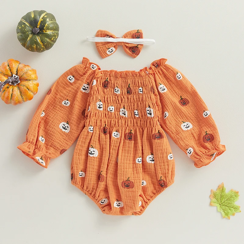 Baby Girl Halloween Bodysuit 2Pcs Cartoon Pumpkin Print Ruched Off Shoulder Long Sleeve Shorts Jumpsuit+ Bow Headband Streetwear